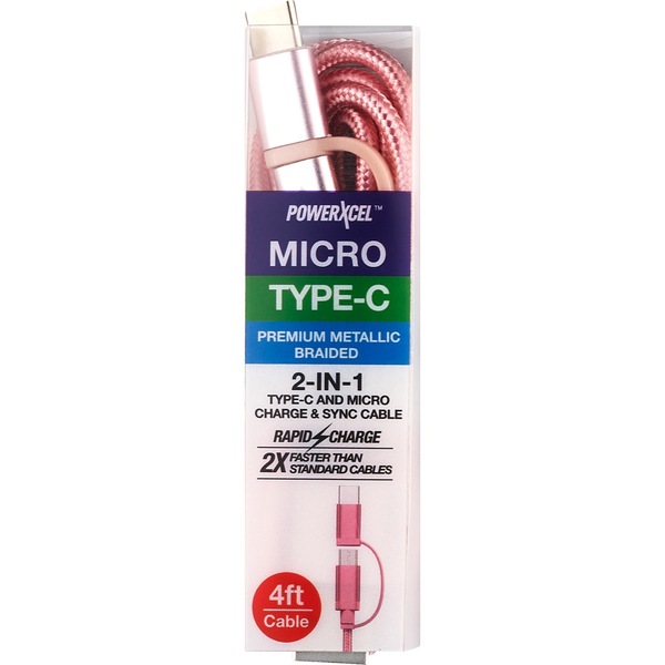 PowerXcel Type-C and Micro 2-In-1 Cable, metallic braided, 4 ft