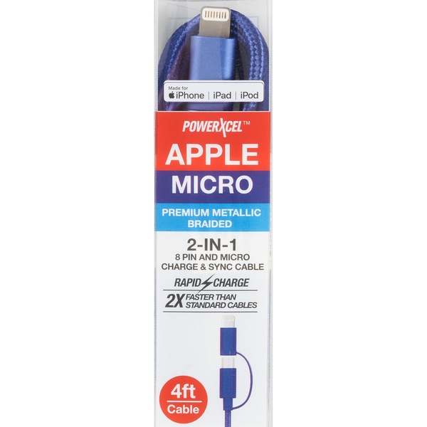 PowerXcel Apple and Micro 2-In-1 Cable, metallic braided, 4 ft