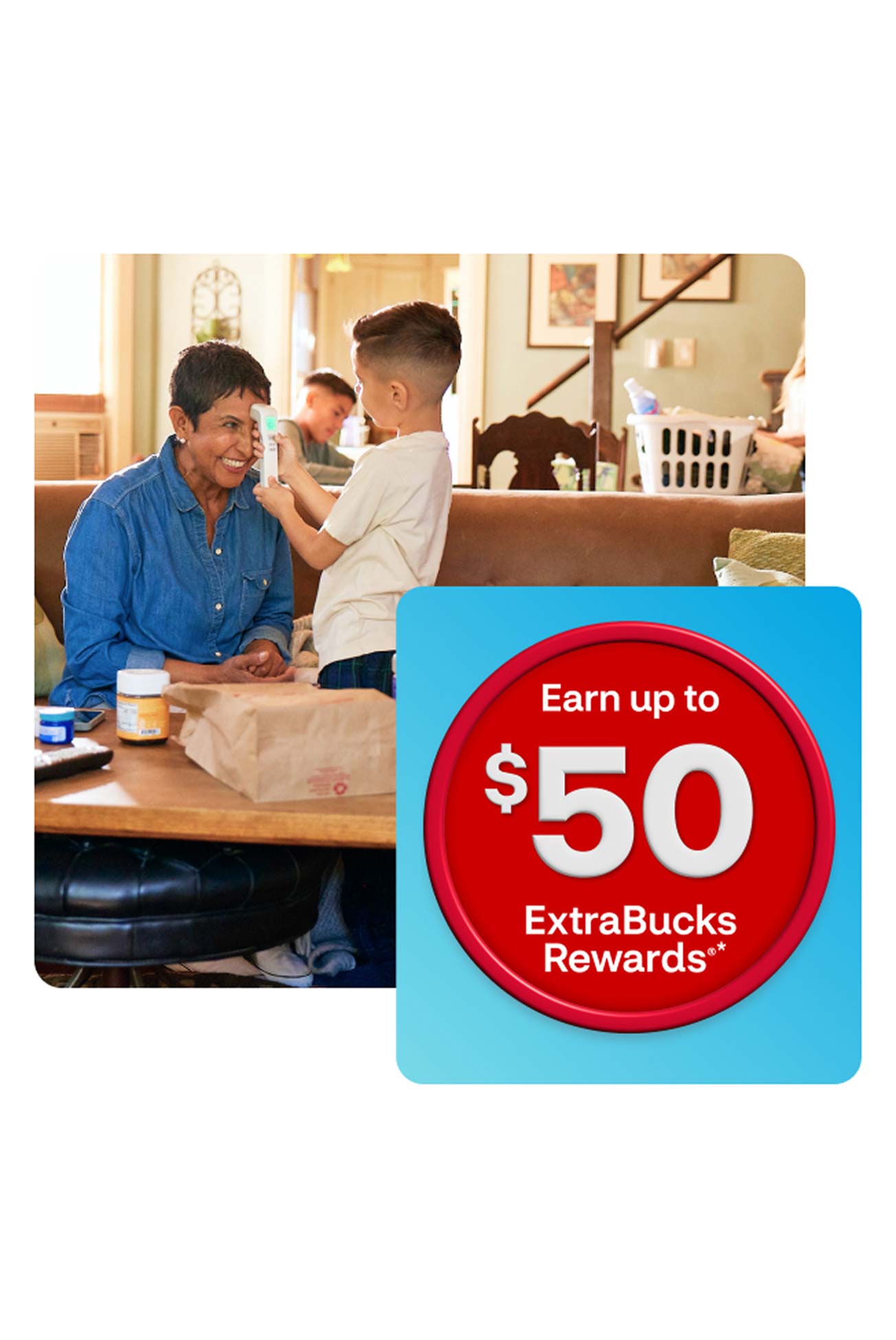 A little boy checks his sick grandmother's temperature with a temperature gun; as part of ExtraCare rewards at the pharmacy, her prescriptions can earn her up to $50 Extra Bucks Rewards®*
